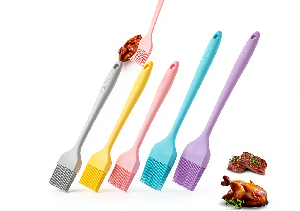 HAUFHOF silicone basting brushes set displayed on a kitchen countertop with a grill in the background